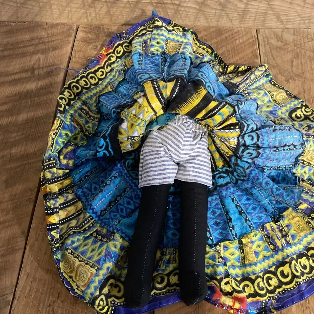 Vintage Handmade Jamaican Cloth Doll Jamaica Figure Hat Wicker Basket Folk Art